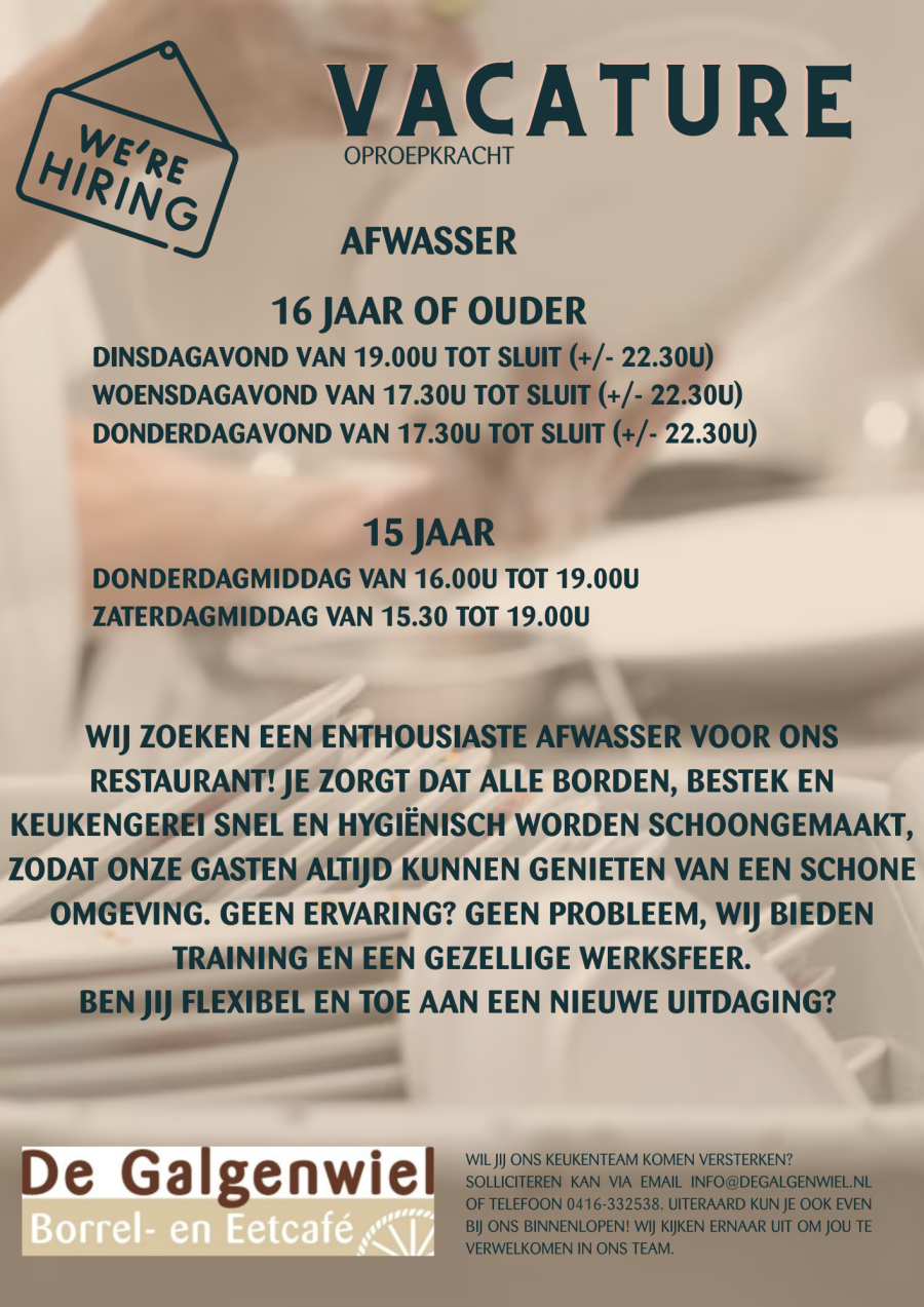 vacature afwas 15 16 jaar augustus 2025